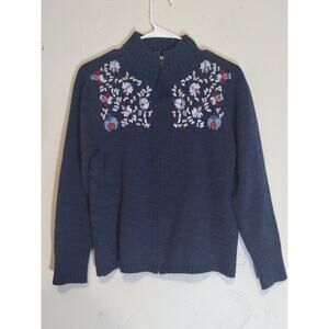 Jennifer Moore Full Zip Floral Embroidered Sweater